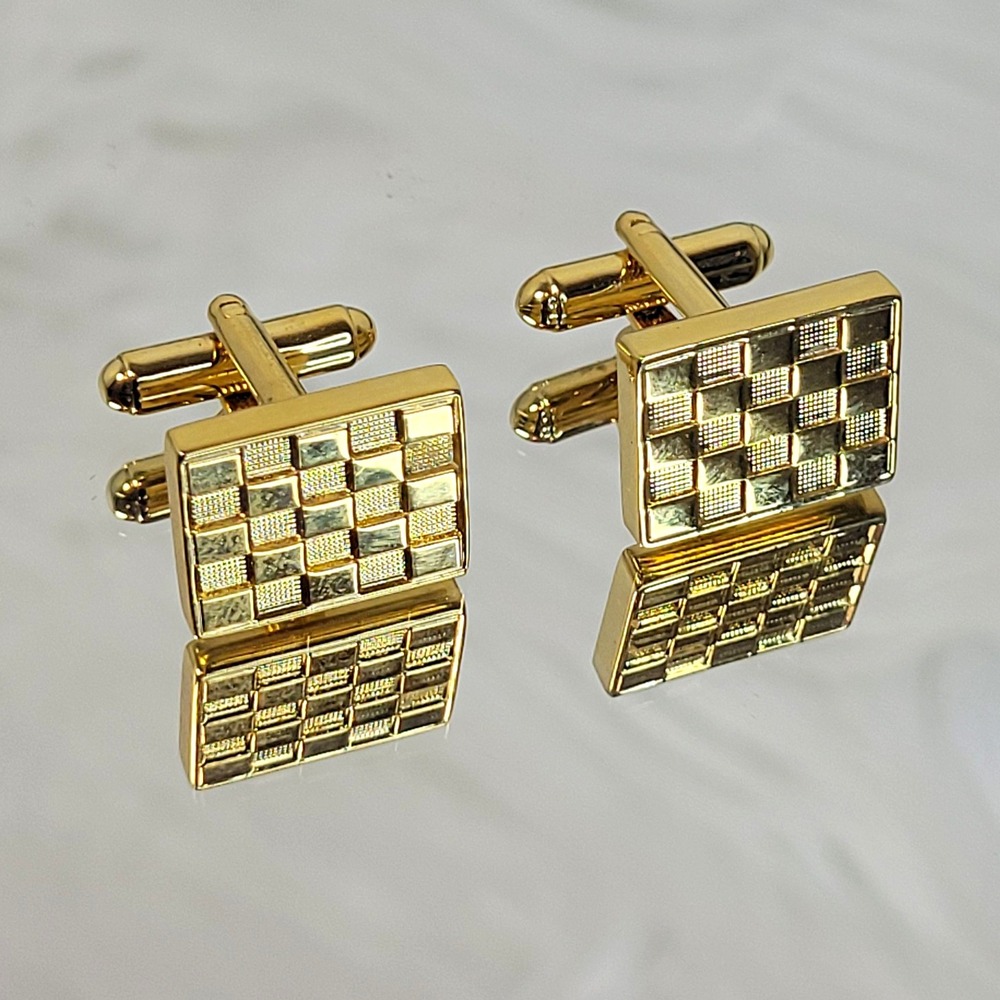 Gold Tone Rectangle Checkerboard Geometric Bullet Back Men's Cufflinks Pair Vtg